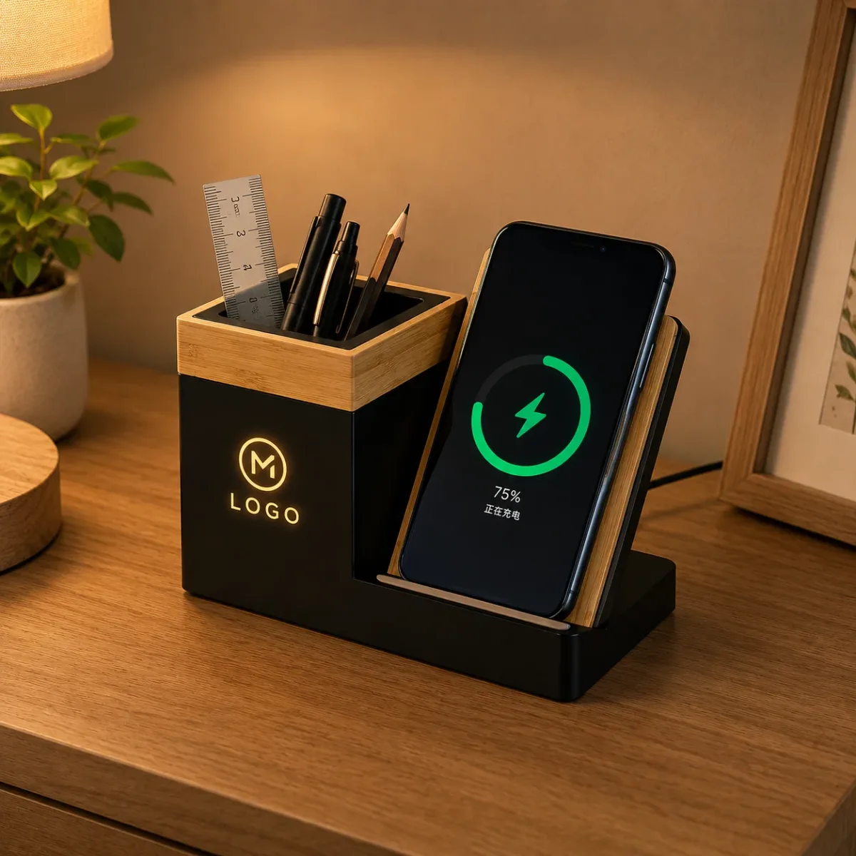 Organizer da scrivania in bambù con caricatore wireless