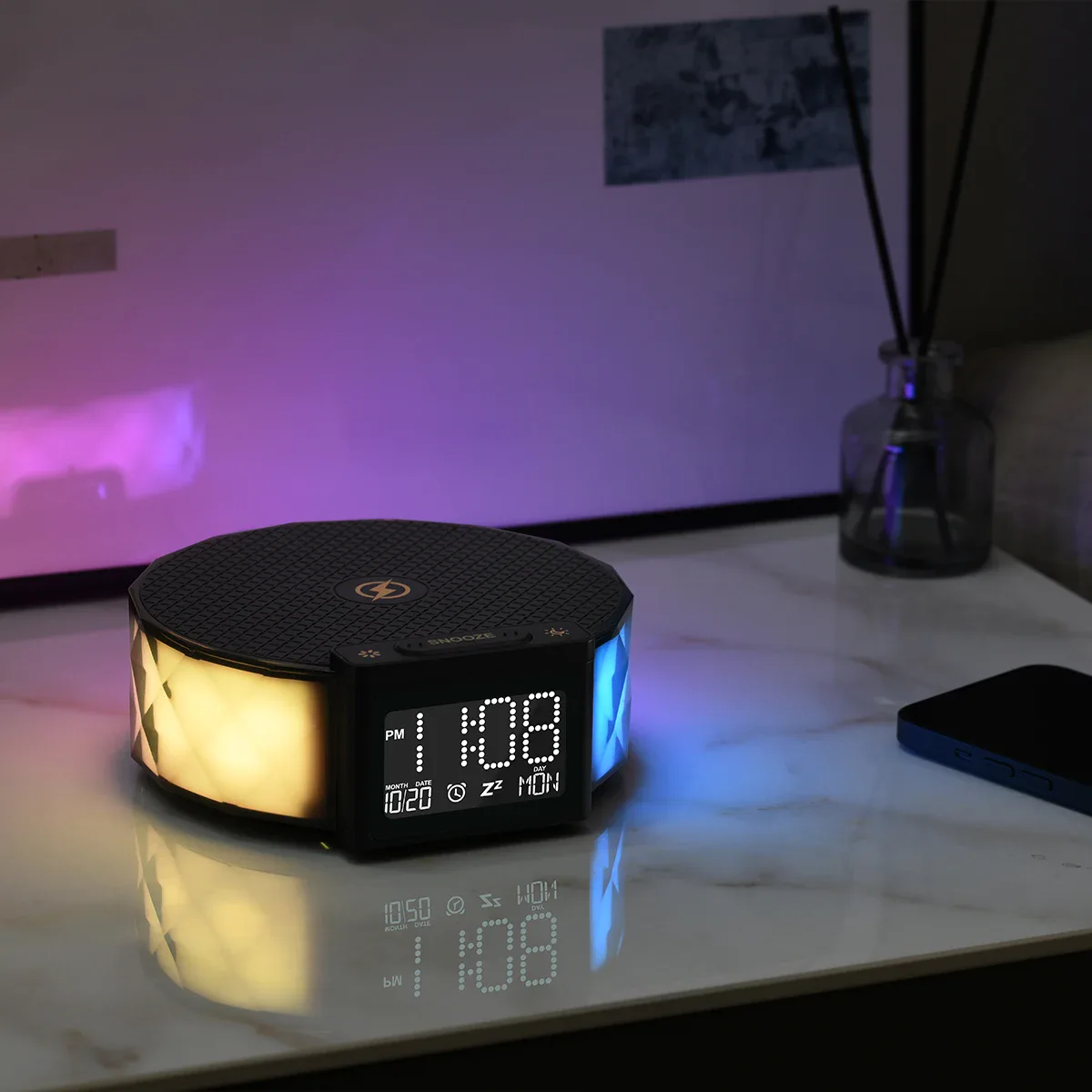 Veilleuse chargeur sans fil RVB avec horloge