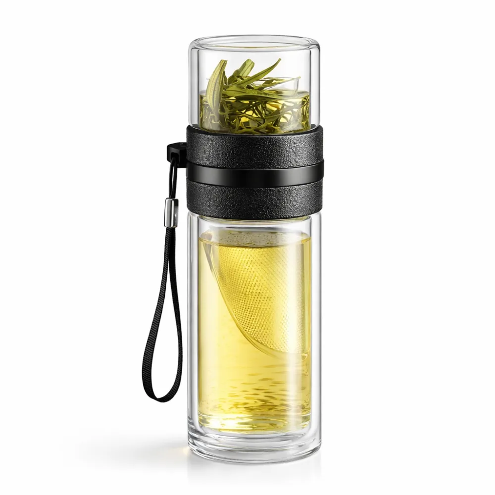 Botella de doble pared de cristal con infusor de té