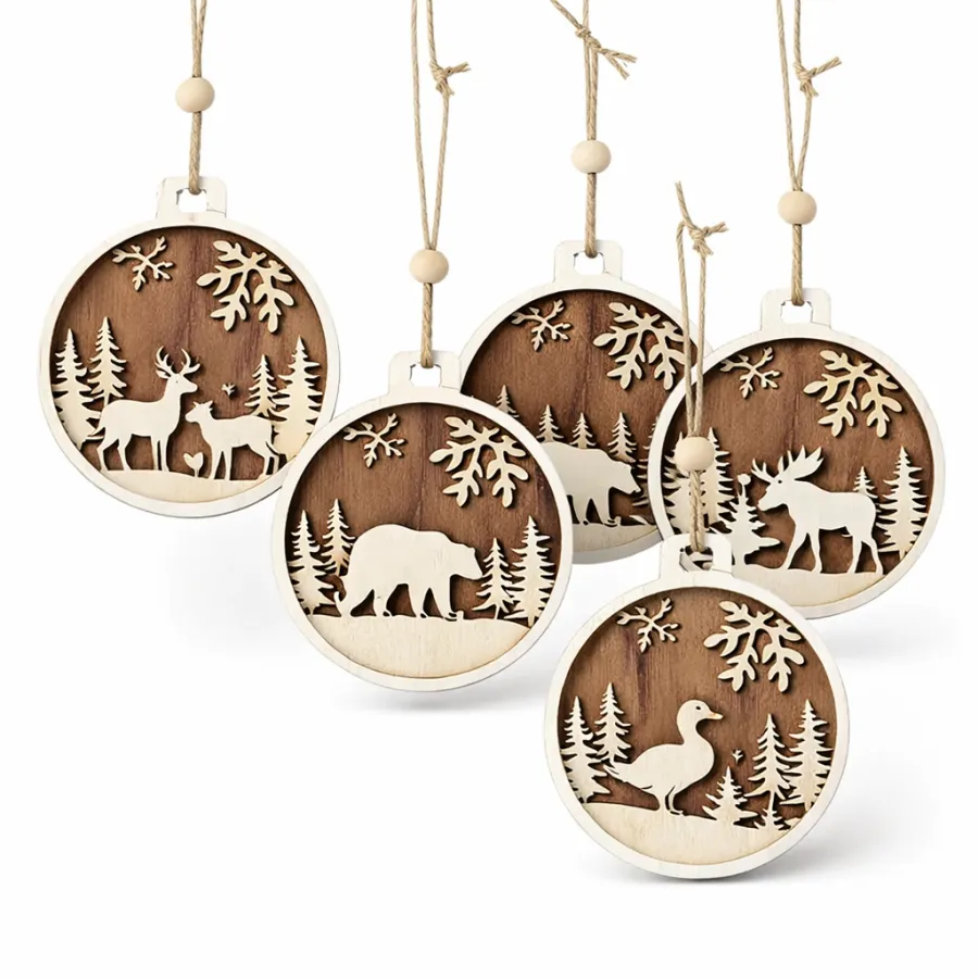 Wooden Bauble Ornament with Forest Animals