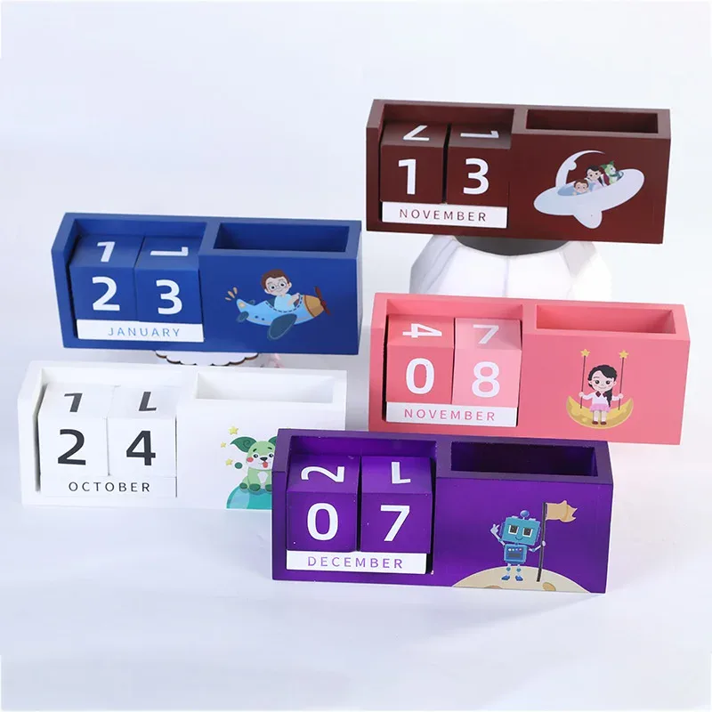Wooden Perpetual Calendar with Pen Holder