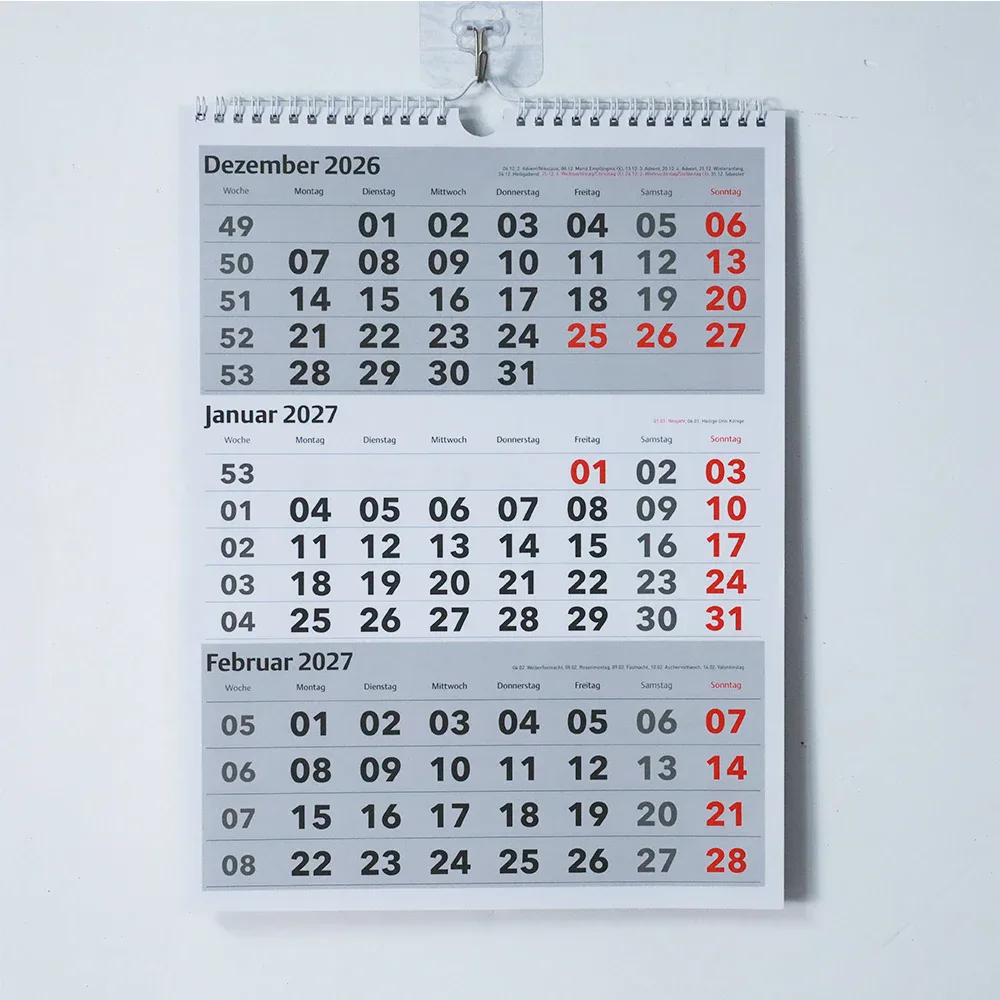 Spiral-Bound Three-Month Wall Calendar 28 × 37 cm