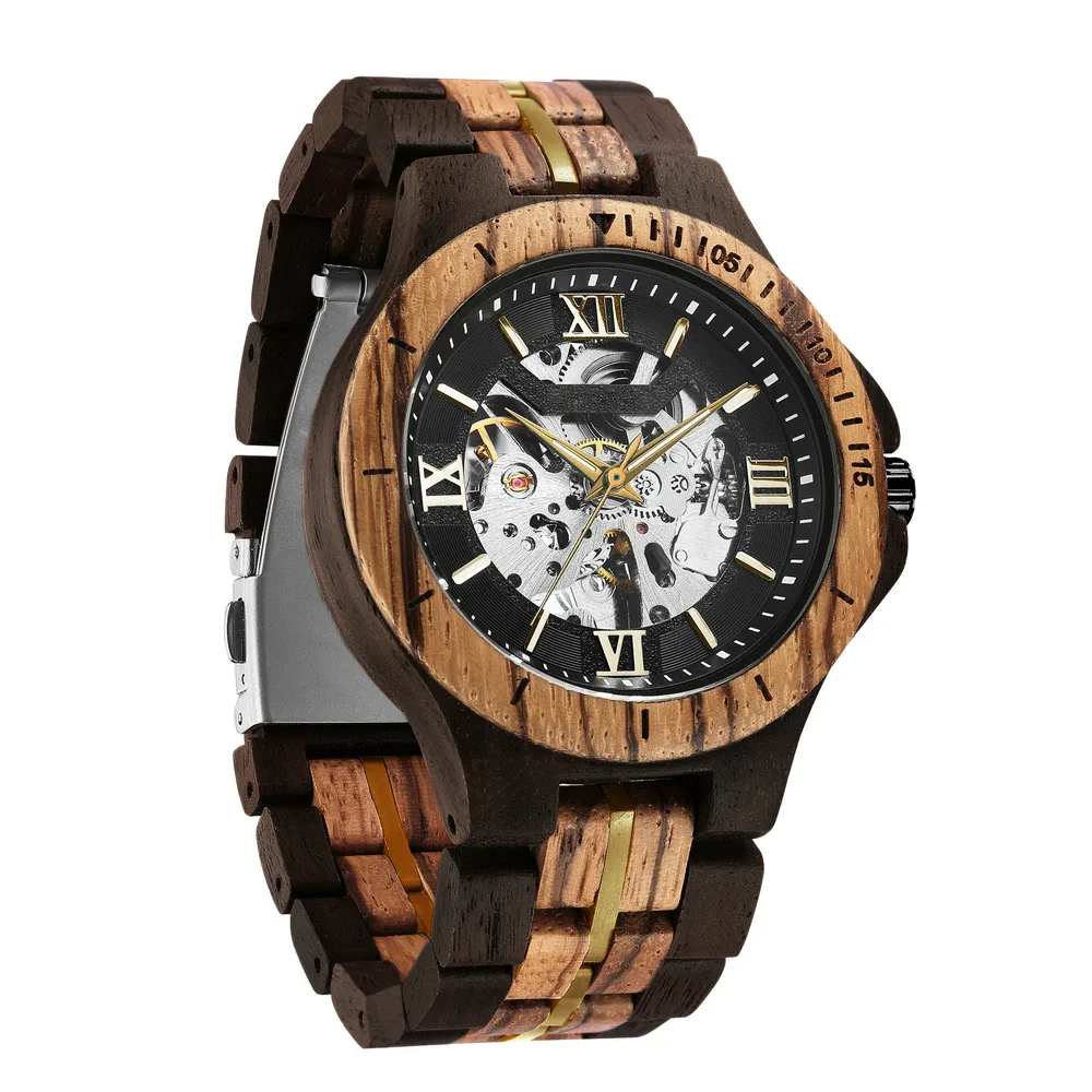 Reloj mecánico esqueleto de madera