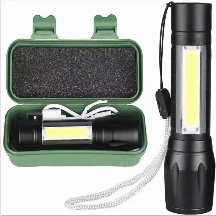 Mini torcia con zoom e luce COB in custodia