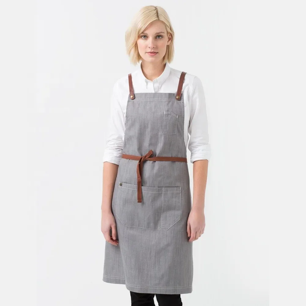 Grey Cotton Apron with Leather Trim