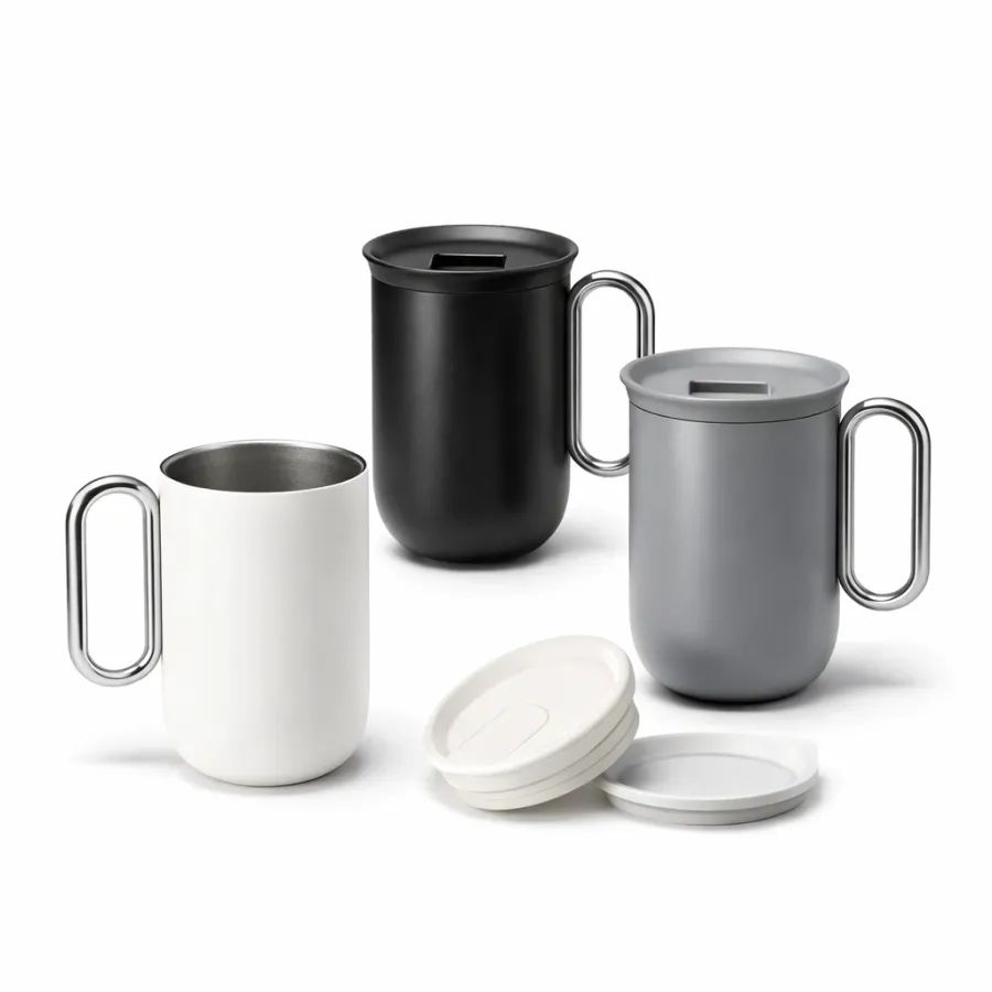 Tazza termica tonda con manico ad anello cromato