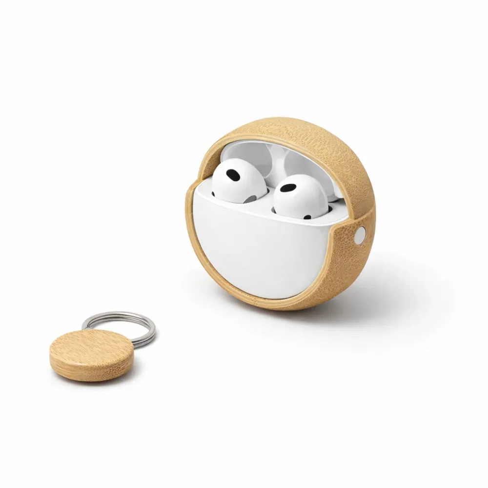 TWS Earbuds in Round Bamboo Case